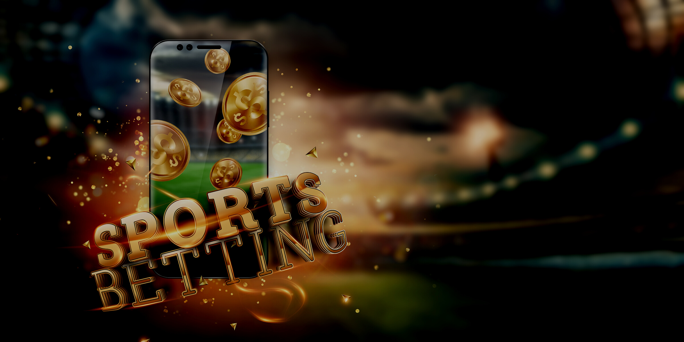 Gold inscription Sports Betting on a smartphone on the background of the stadium. Bets, sports betting, bookmaker. Mixed media